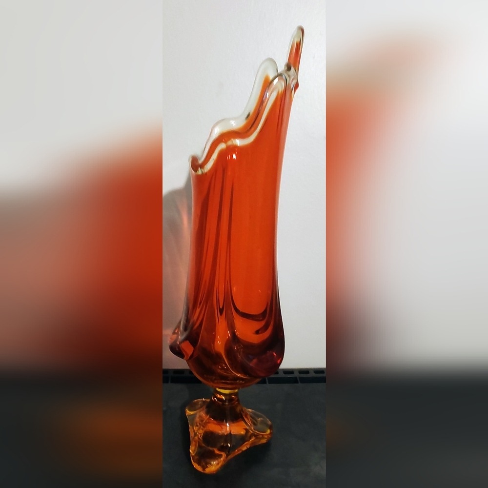 Vintage Viking Glass 13.5” Swung Vase Orange MCM Epic Drape 3-Toed Persimmon - Picture 7 of 12
